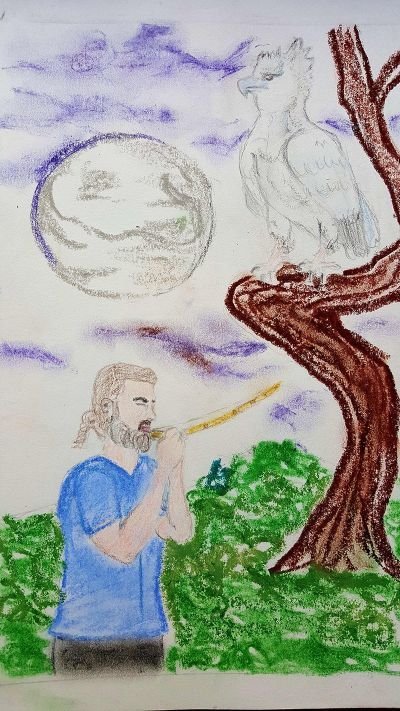 Arutam Ruymán tocando el “tumank”, dibujo de Cora